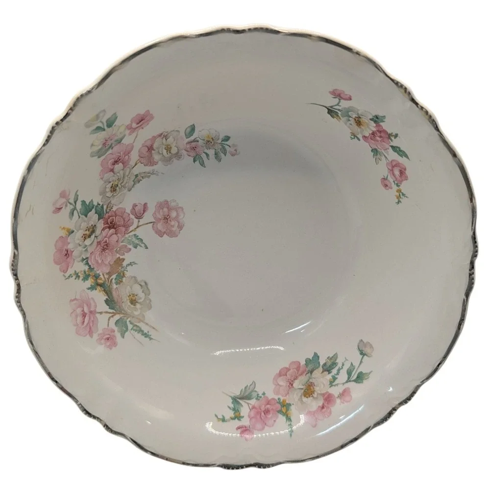 Vintage Homer Laughlin‎ Serving Bowl Roses Platinum Trim 1941 West Virginia SEE